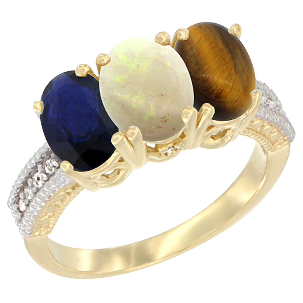 10K Yellow Gold Diamond Natural Blue Sapphire, Opal & Tiger Eye Ring 3-Stone 7x5 mm Oval, sizes 5 - 10