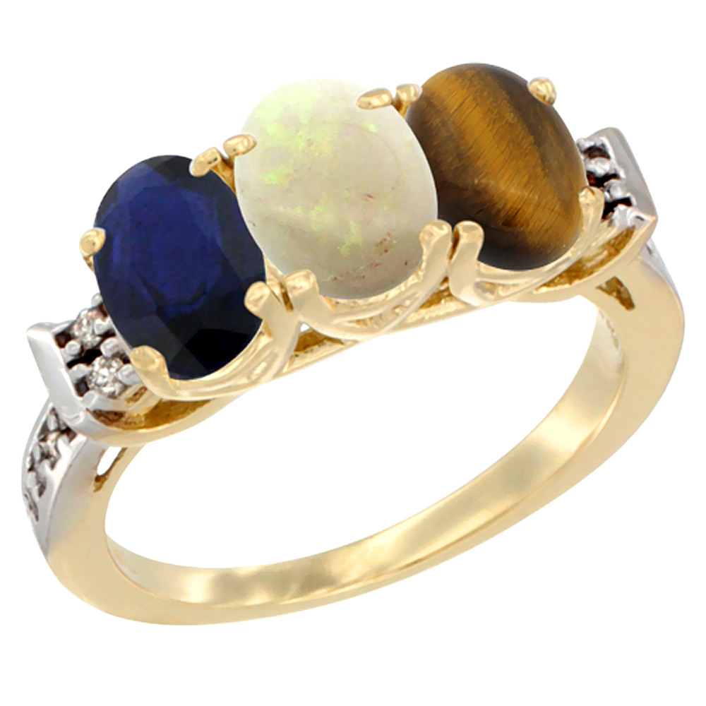 14K Yellow Gold Natural Blue Sapphire, Opal &amp; Tiger Eye Ring 3-Stone Oval 7x5 mm Diamond Accent, sizes 5 - 10