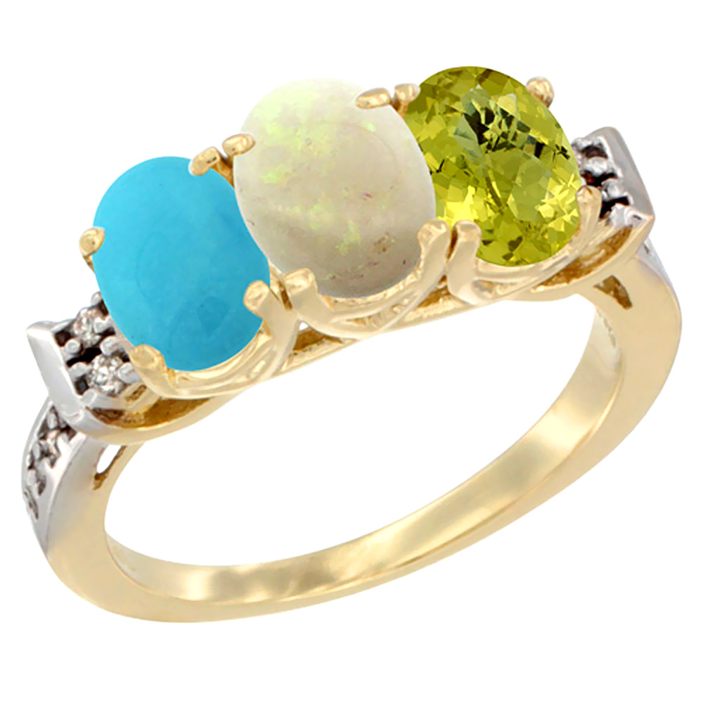 10K Yellow Gold Natural Blue Sapphire, Opal & Lemon Quartz Ring 3-Stone Oval 7x5 mm Diamond Accent, sizes 5 - 10