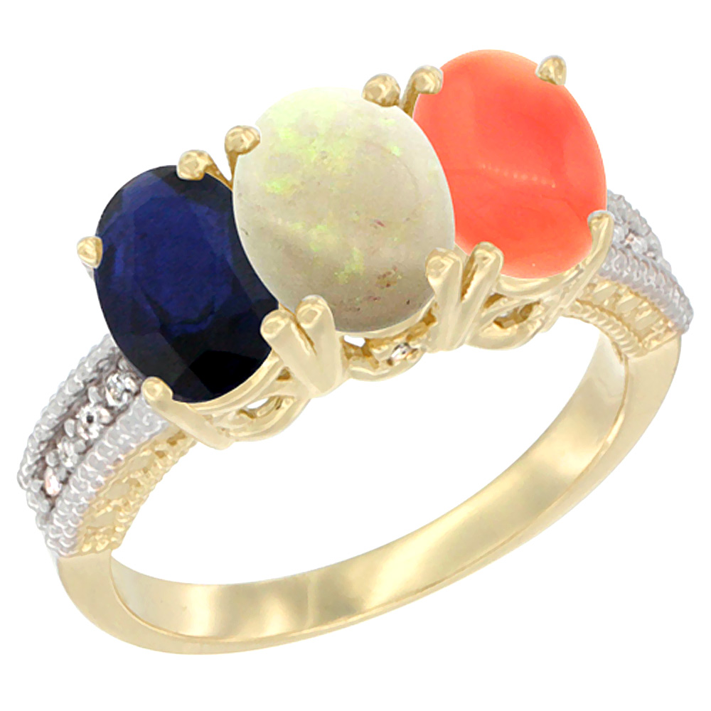 14K Yellow Gold Natural Blue Sapphire, Opal & Coral Ring 3-Stone 7x5 mm Oval Diamond Accent, sizes 5 - 10