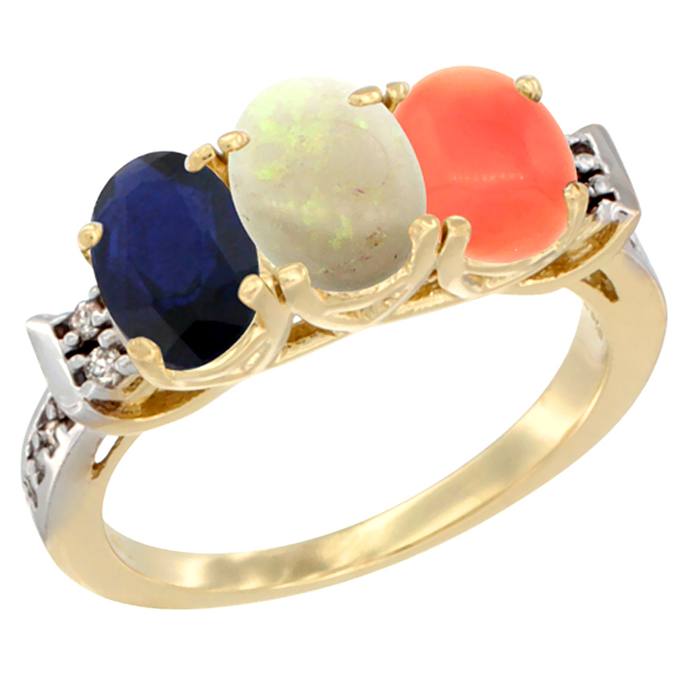14K Yellow Gold Natural Blue Sapphire, Opal & Coral Ring 3-Stone Oval 7x5 mm Diamond Accent, sizes 5 - 10