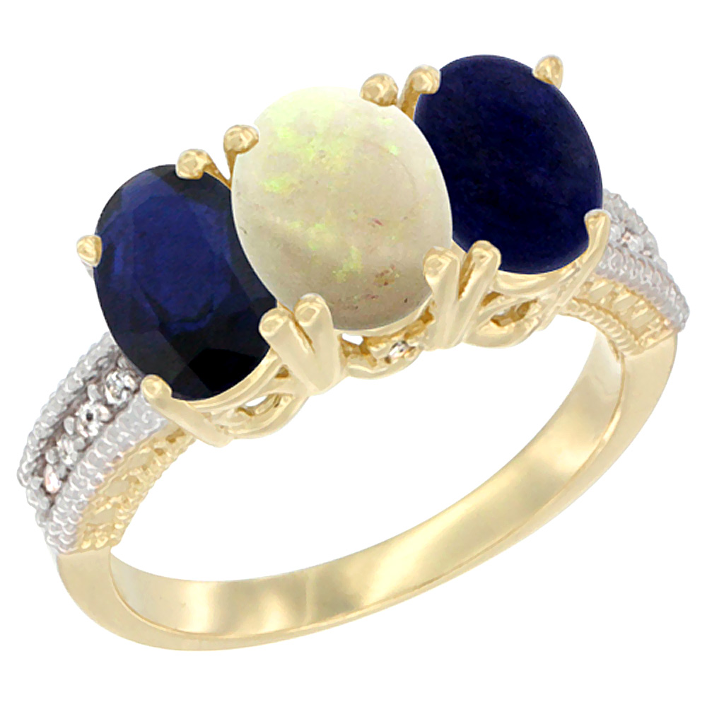 14K Yellow Gold Natural Blue Sapphire, Opal & Lapis Ring 3-Stone 7x5 mm Oval Diamond Accent, sizes 5 - 10
