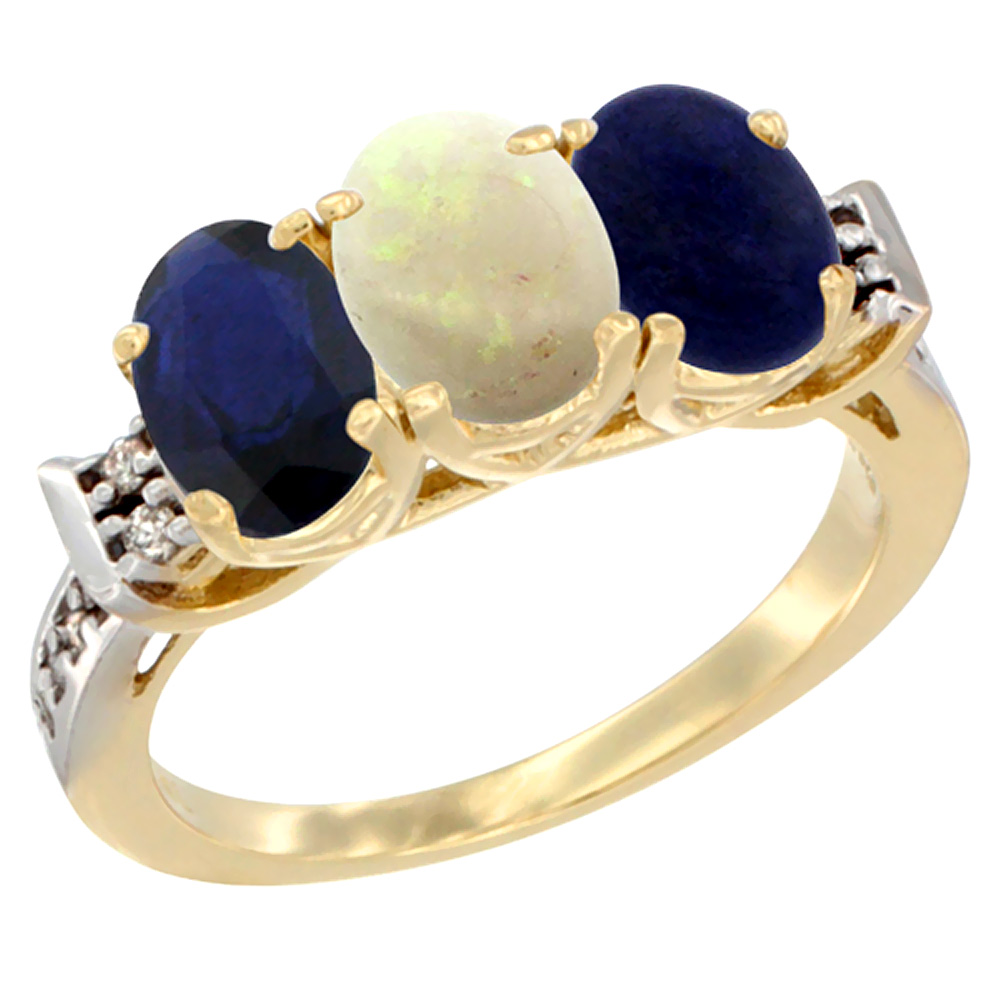 10K Yellow Gold Natural Blue Sapphire, Opal &amp; Lapis Ring 3-Stone Oval 7x5 mm Diamond Accent, sizes 5 - 10
