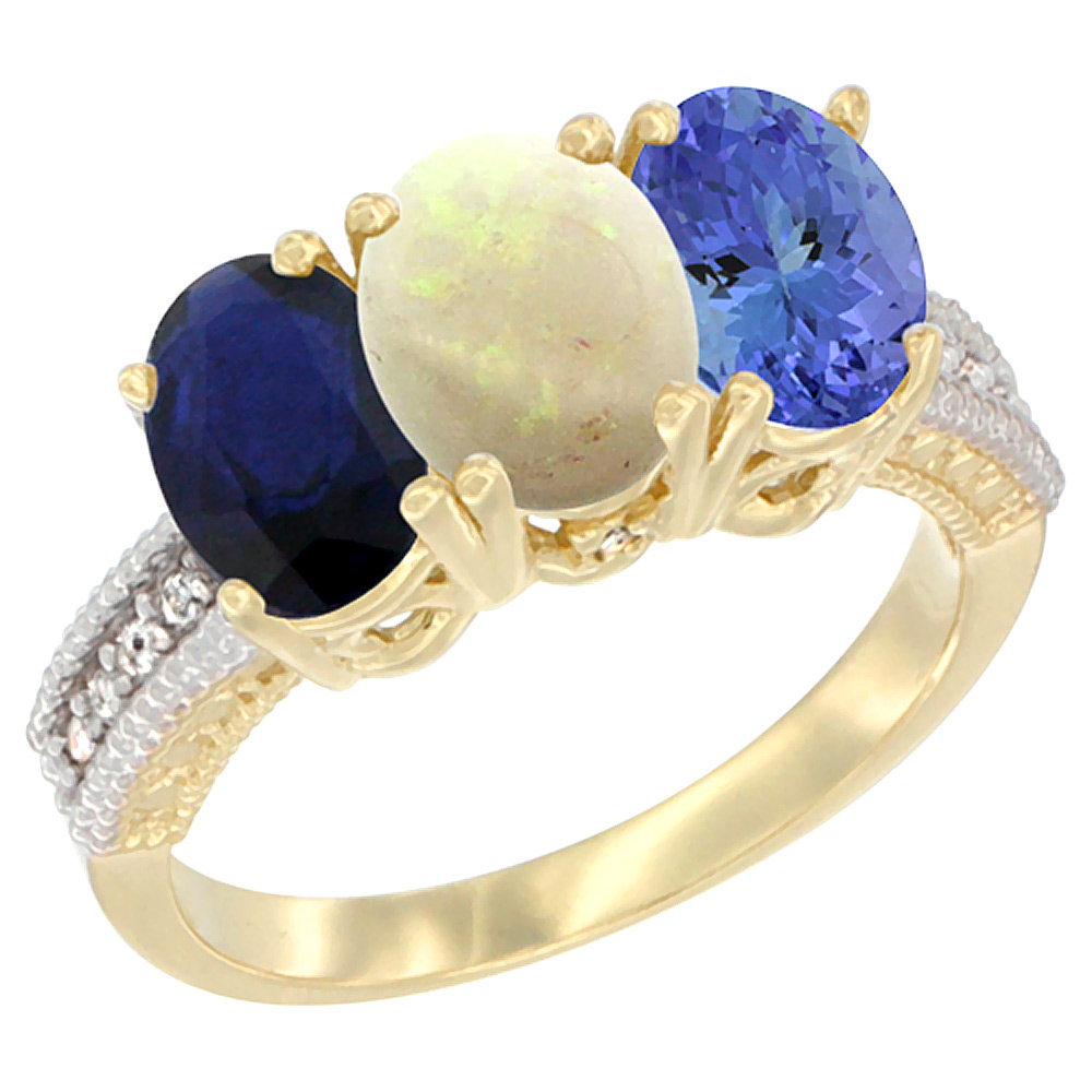 14K Yellow Gold Natural Blue Sapphire, Opal & Tanzanite Ring 3-Stone 7x5 mm Oval Diamond Accent, sizes 5 - 10