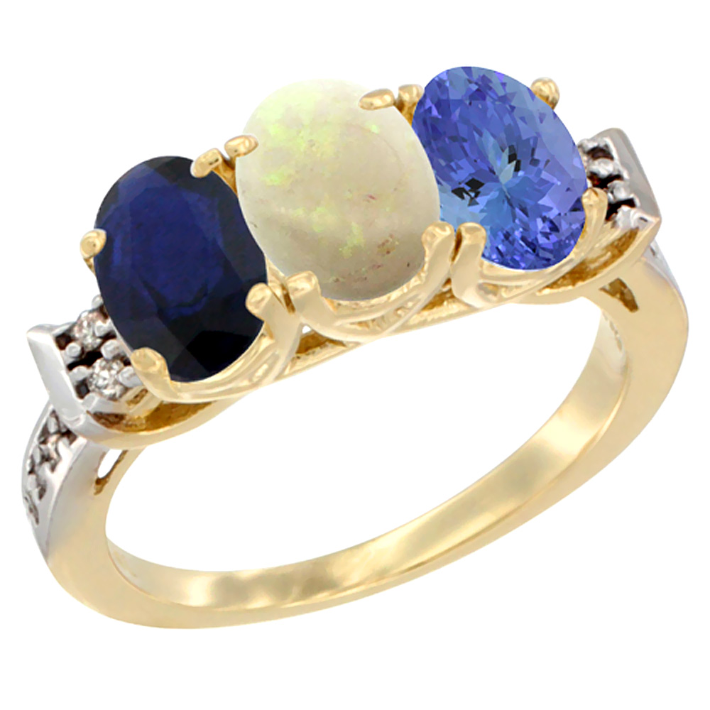 10K Yellow Gold Natural Blue Sapphire, Opal & Tanzanite Ring 3-Stone Oval 7x5 mm Diamond Accent, sizes 5 - 10