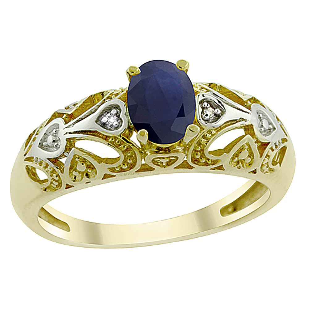 10K Yellow Gold Natural High Quality Blue Sapphire Ring Oval 6x4 mm Diamond Accent, sizes 5 - 10