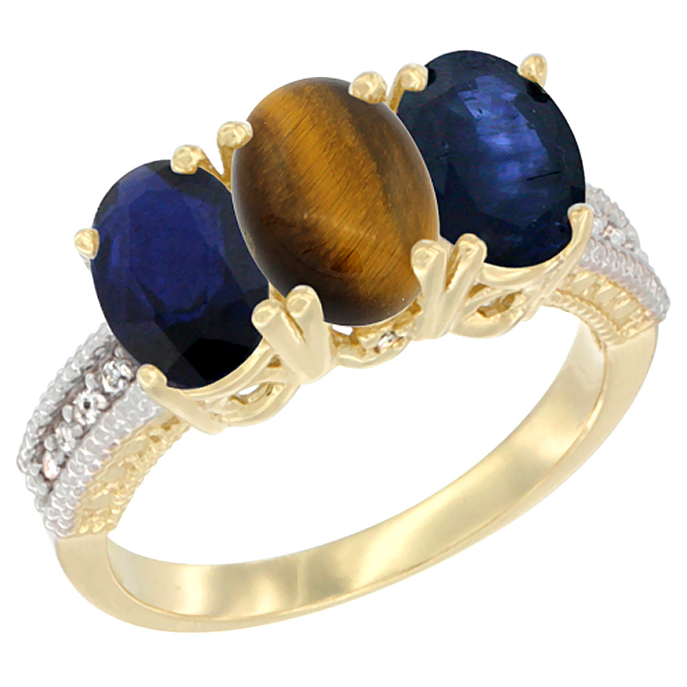 14K Yellow Gold Natural Tiger Eye &amp; Blue Sapphire Sides Ring 3-Stone 7x5 mm Oval Diamond Accent, sizes 5 - 10