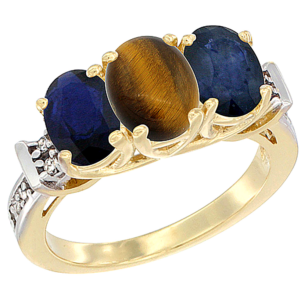 10K Yellow Gold Natural Tiger Eye & Blue Sapphire Sides Ring 3-Stone Oval Diamond Accent, sizes 5 - 10