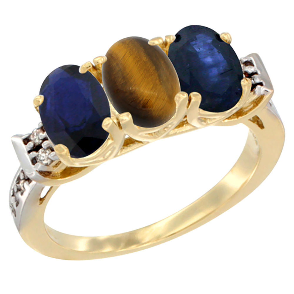 14K Yellow Gold Natural Tiger Eye & Blue Sapphire Sides Ring 3-Stone Oval 7x5 mm Diamond Accent, sizes 5 - 10