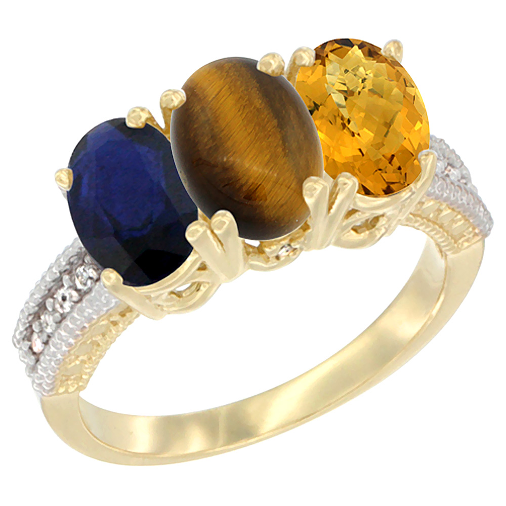 14K Yellow Gold Natural Blue Sapphire, Tiger Eye &amp; Whisky Quartz Ring 3-Stone 7x5 mm Oval Diamond Accent, sizes 5 - 10