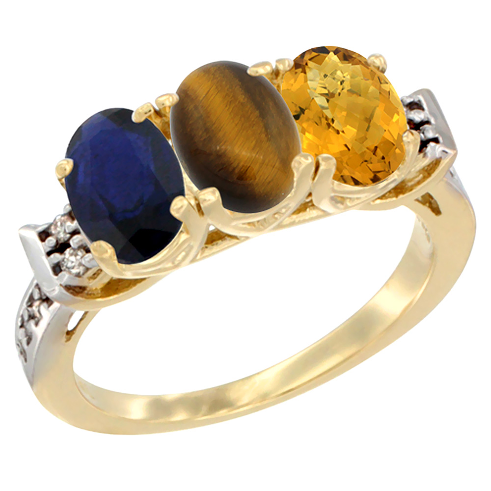 10K Yellow Gold Natural Blue Sapphire, Tiger Eye &amp; Whisky Quartz Ring 3-Stone Oval 7x5 mm Diamond Accent, sizes 5 - 10