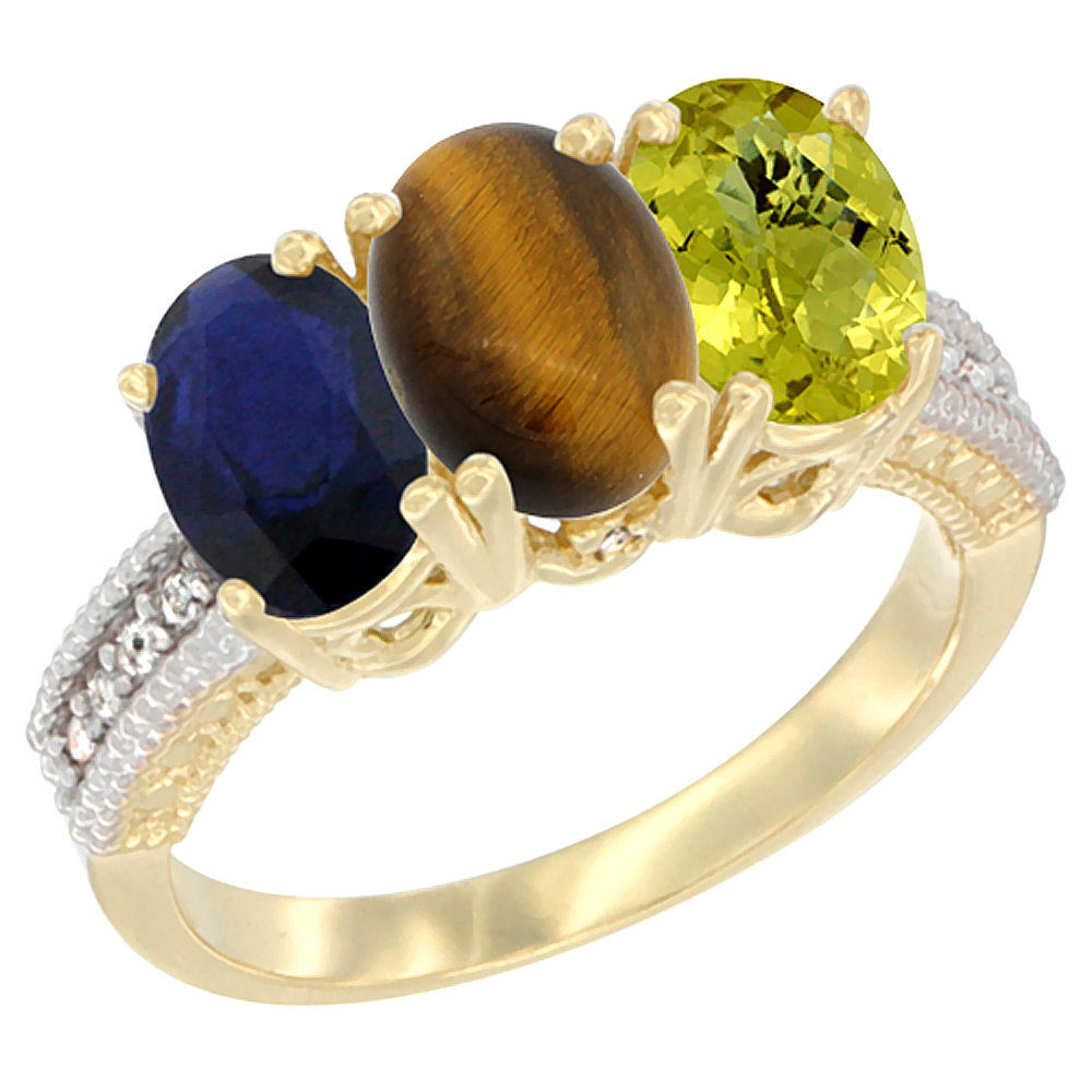 14K Yellow Gold Natural Blue Sapphire, Tiger Eye &amp; Lemon Quartz Ring 3-Stone 7x5 mm Oval Diamond Accent, sizes 5 - 10
