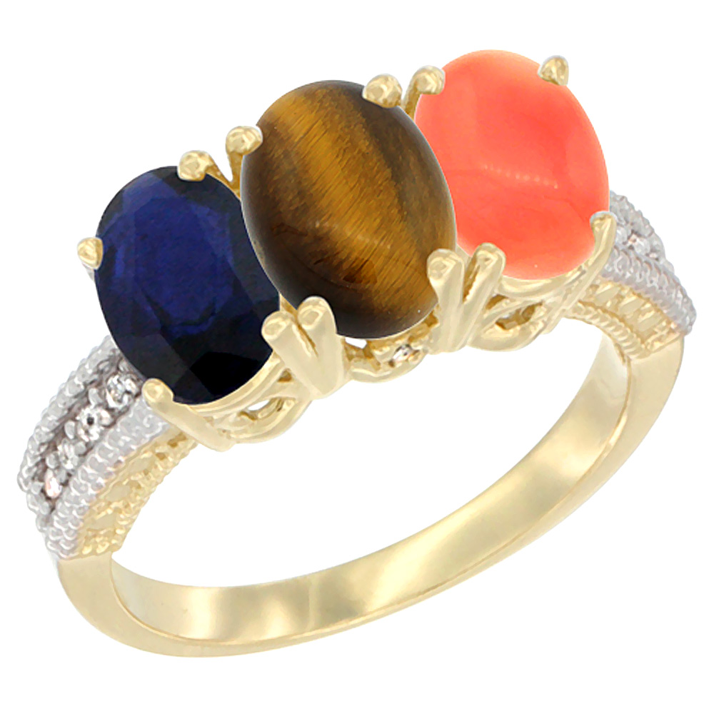 10K Yellow Gold Diamond Natural Blue Sapphire, Tiger Eye &amp; Coral Ring 3-Stone 7x5 mm Oval, sizes 5 - 10