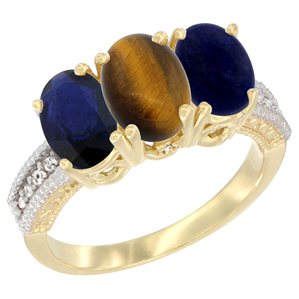 10K Yellow Gold Diamond Natural Blue Sapphire, Tiger Eye & Lapis Ring 3-Stone 7x5 mm Oval, sizes 5 - 10