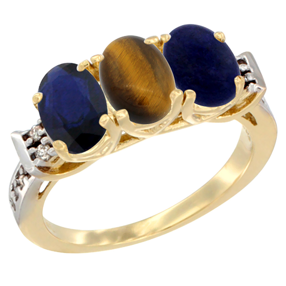 10K Yellow Gold Natural Blue Sapphire, Tiger Eye &amp; Lapis Ring 3-Stone Oval 7x5 mm Diamond Accent, sizes 5 - 10
