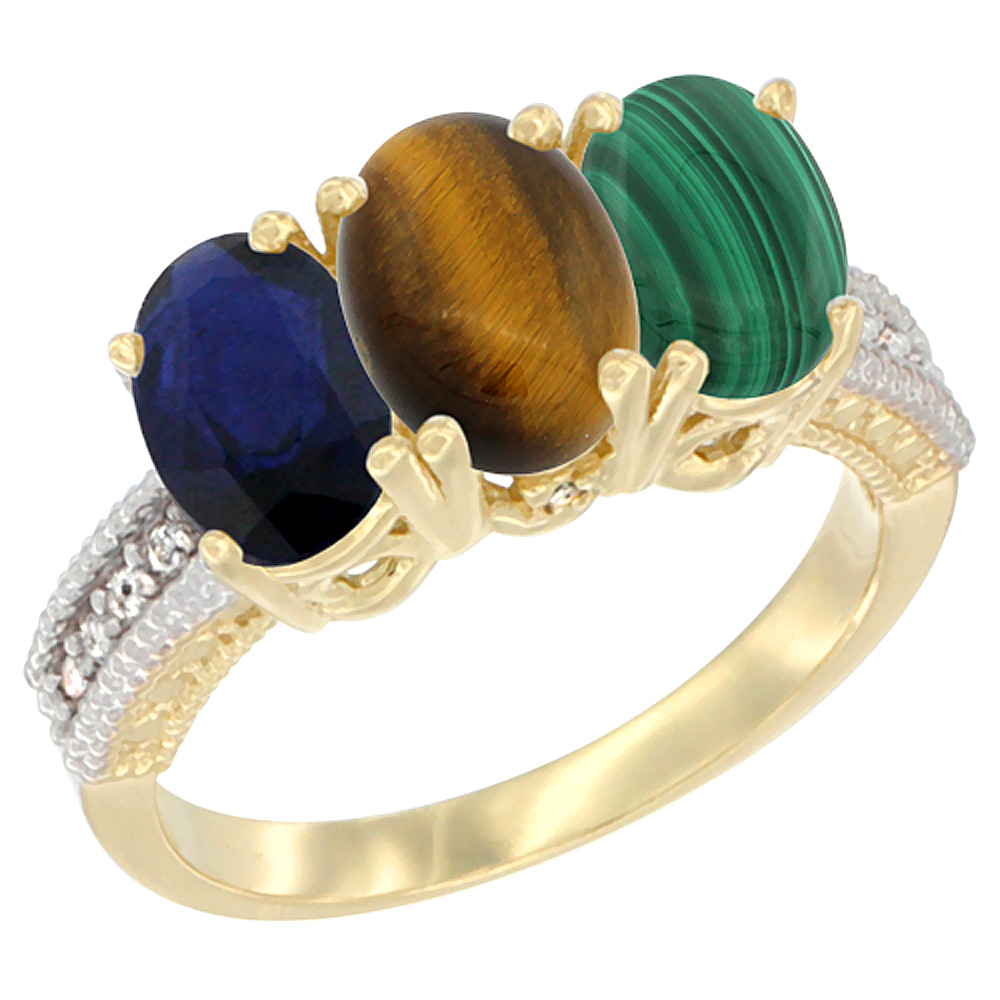 10K Yellow Gold Diamond Natural Blue Sapphire, Tiger Eye &amp; Malachite Ring 3-Stone 7x5 mm Oval, sizes 5 - 10