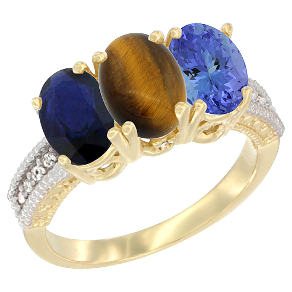 14K Yellow Gold Natural Blue Sapphire, Tiger Eye &amp; Tanzanite Ring 3-Stone 7x5 mm Oval Diamond Accent, sizes 5 - 10