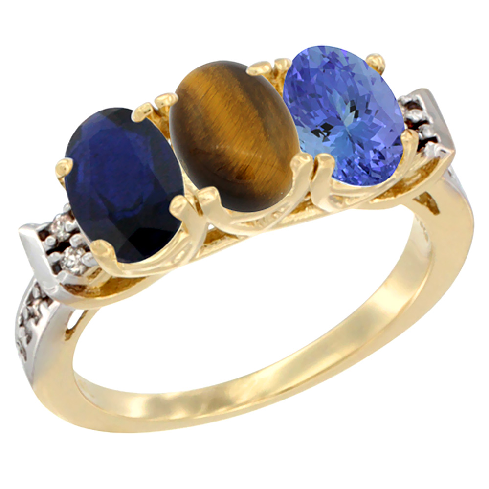 14K Yellow Gold Natural Blue Sapphire, Tiger Eye &amp; Tanzanite Ring 3-Stone Oval 7x5 mm Diamond Accent, sizes 5 - 10