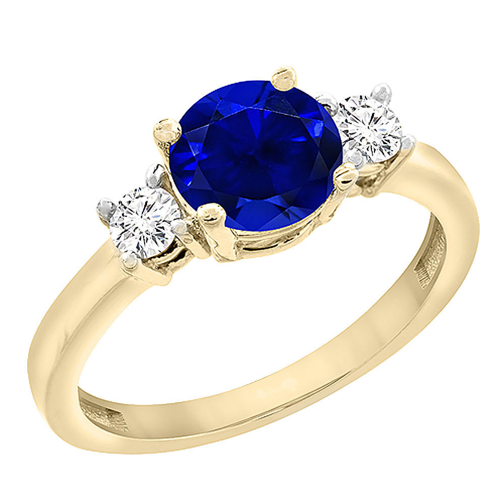 10K Yellow Gold Diamond Natural Quality Blue Sapphire Engagement Ring Round 7mm, size 5-10