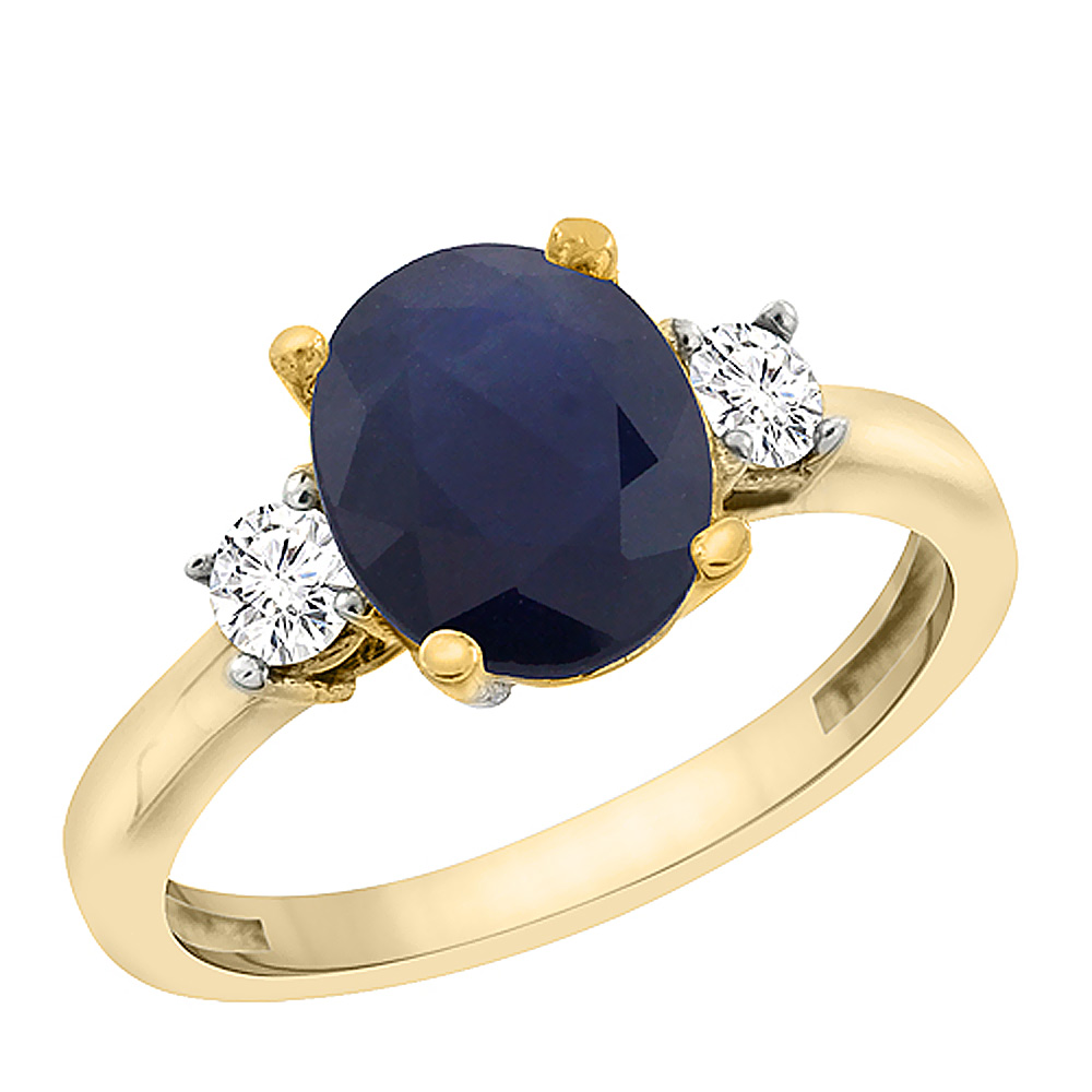 14K Yellow Gold Natural Blue Sapphire Engagement Ring Oval 10x8 mm Diamond Sides, sizes 5 - 10