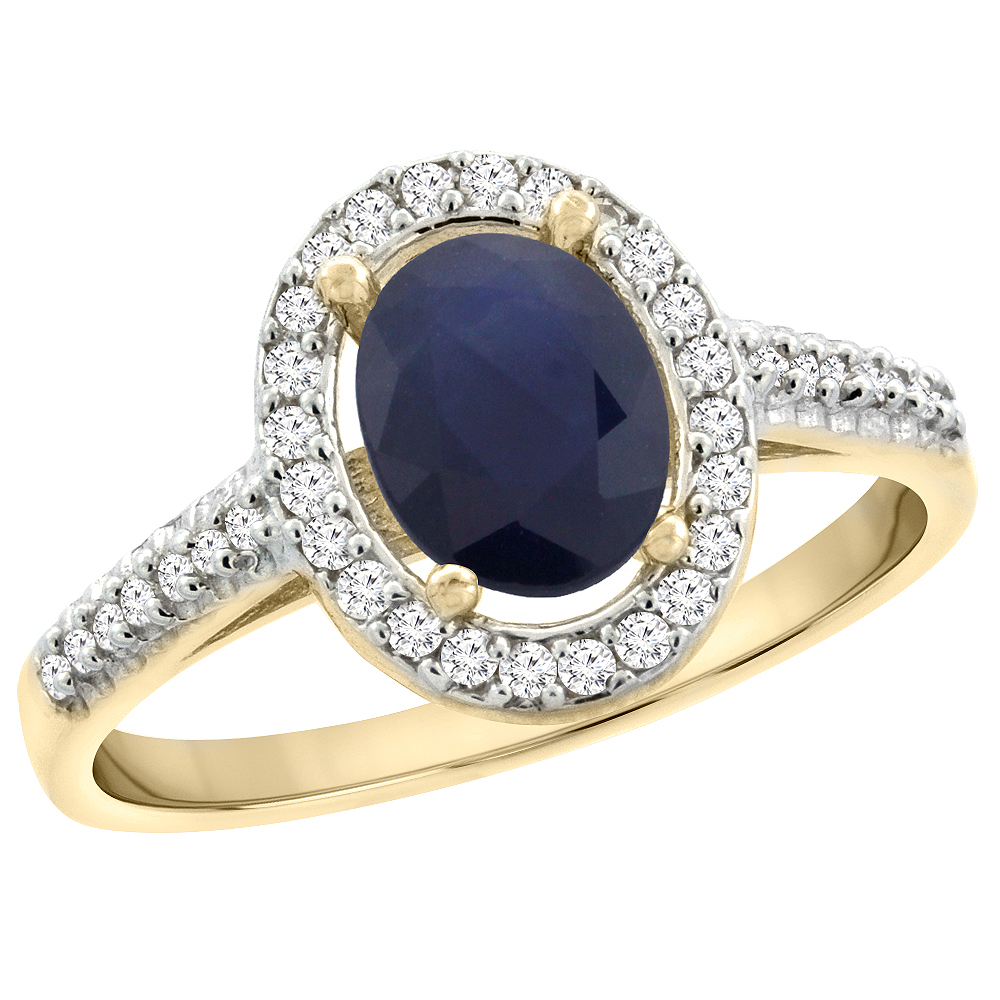 14K Yellow Gold Natural High Quality Blue Sapphire Ring Oval 8x6 mm Diamond Halo, sizes 5 - 10