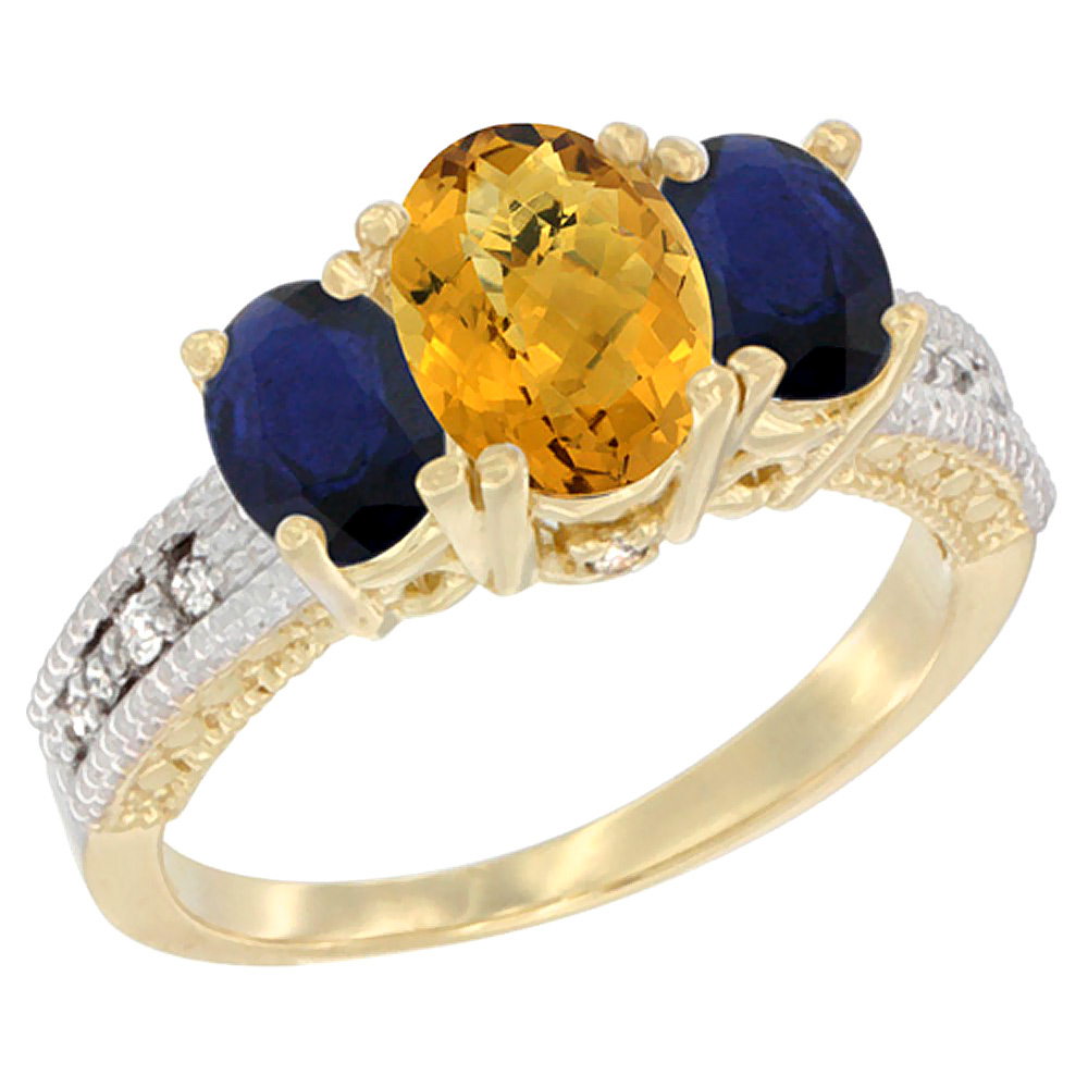 14K Yellow Gold Diamond Natural Whisky Quartz 7x5mm &6x4mm Quality Blue Sapphire Oval 3-stone Ring,sz5-10