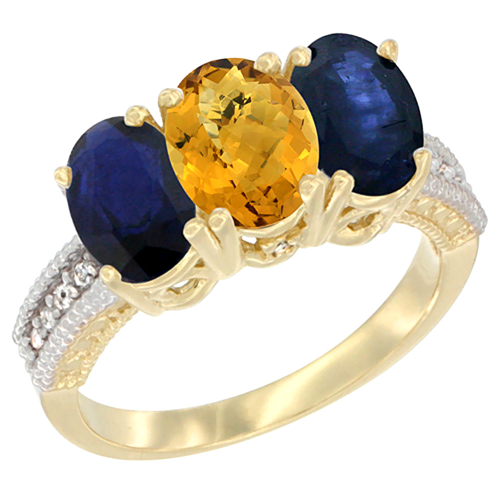 14K Yellow Gold Natural Whisky Quartz & Blue Sapphire Sides Ring 3-Stone 7x5 mm Oval Diamond Accent, sizes 5 - 10