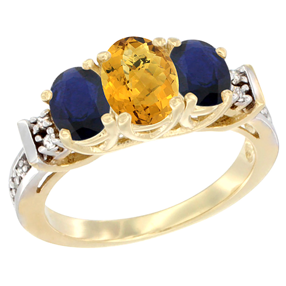 14K Yellow Gold Natural Whisky Quartz &amp; High Quality Blue Sapphire Ring 3-Stone Oval Diamond Accent