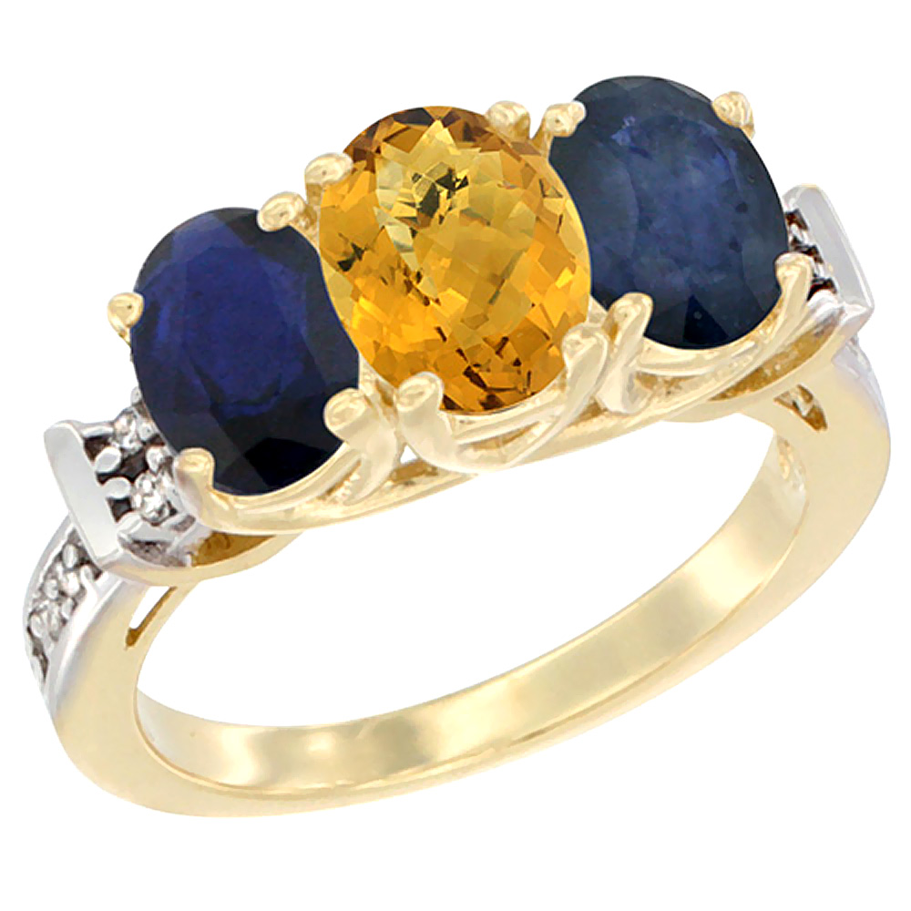 10K Yellow Gold Natural Whisky Quartz & Blue Sapphire Sides Ring 3-Stone Oval Diamond Accent, sizes 5 - 10