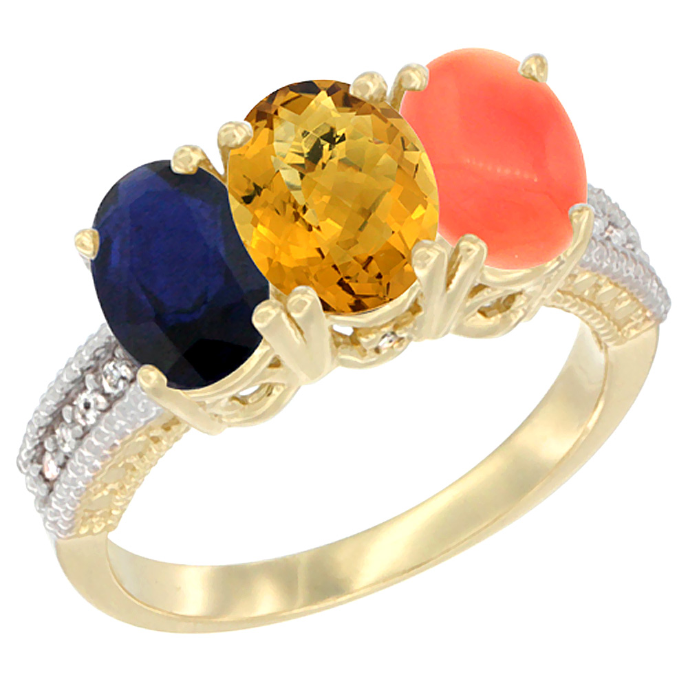 14K Yellow Gold Natural Blue Sapphire, Whisky Quartz &amp; Coral Ring 3-Stone 7x5 mm Oval Diamond Accent, sizes 5 - 10