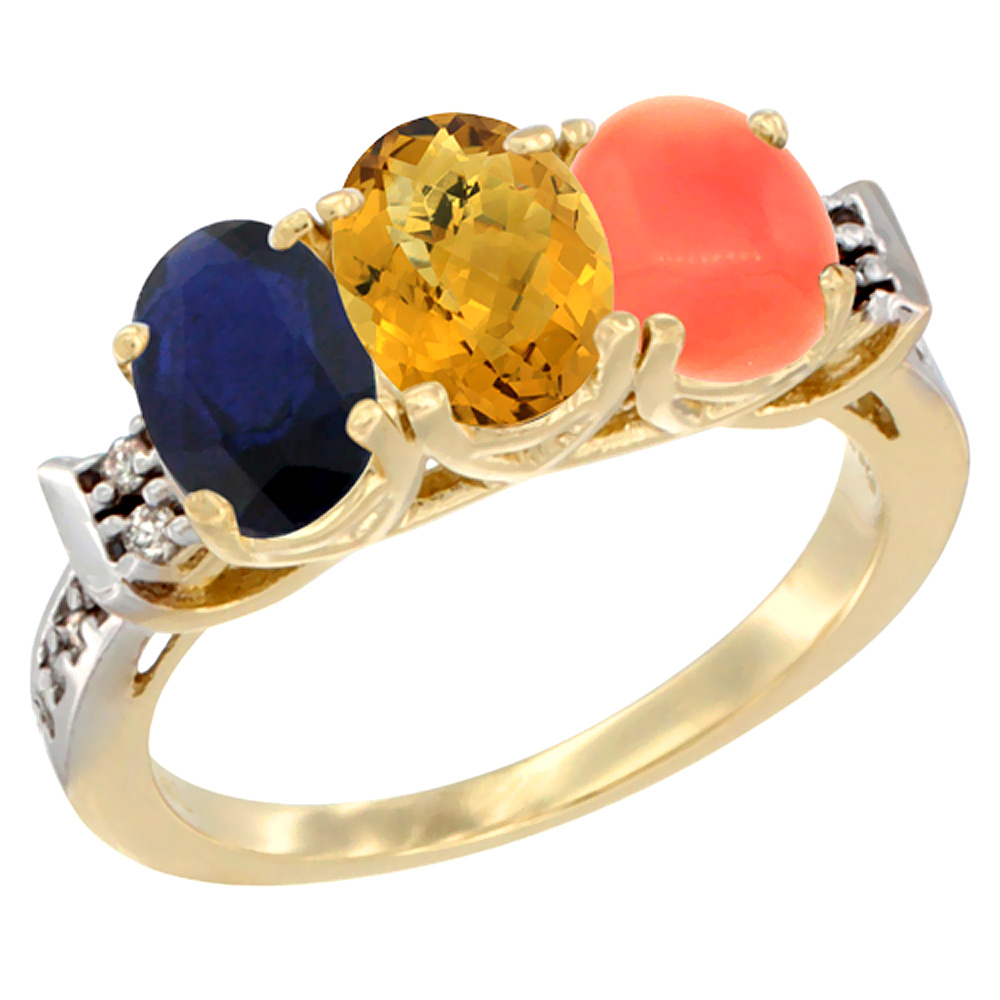 14K Yellow Gold Natural Blue Sapphire, Whisky Quartz &amp; Coral Ring 3-Stone Oval 7x5 mm Diamond Accent, sizes 5 - 10