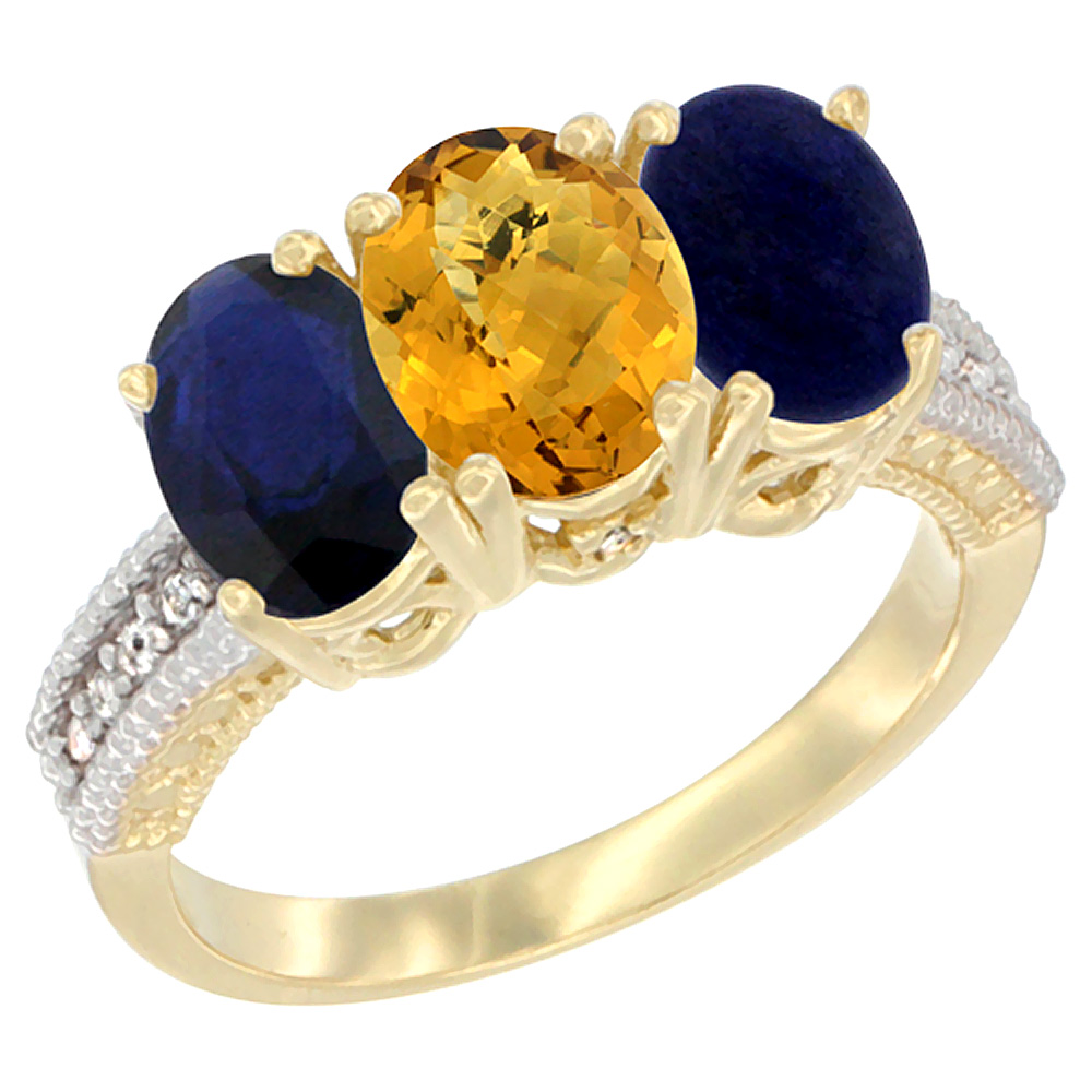 10K Yellow Gold Diamond Natural Blue Sapphire, Whisky Quartz &amp; Lapis Ring 3-Stone 7x5 mm Oval, sizes 5 - 10