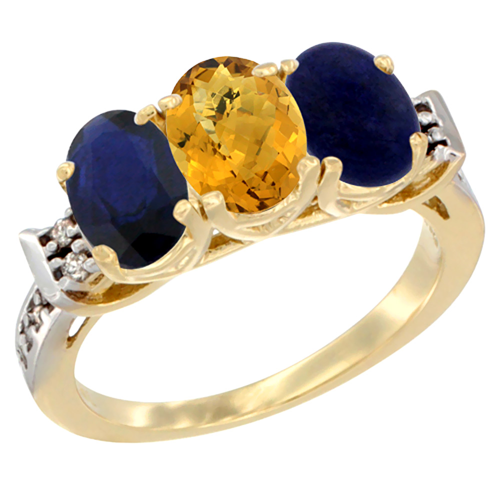 14K Yellow Gold Natural Blue Sapphire, Whisky Quartz & Lapis Ring 3-Stone Oval 7x5 mm Diamond Accent, sizes 5 - 10