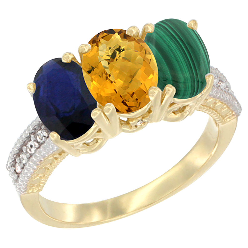 10K Yellow Gold Diamond Natural Blue Sapphire, Whisky Quartz & Malachite Ring 3-Stone 7x5 mm Oval, sizes 5 - 10