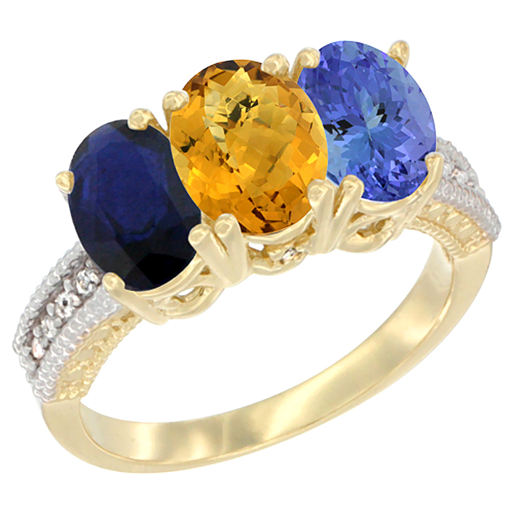 10K Yellow Gold Diamond Natural Blue Sapphire, Whisky Quartz &amp; Tanzanite Ring 3-Stone 7x5 mm Oval, sizes 5 - 10