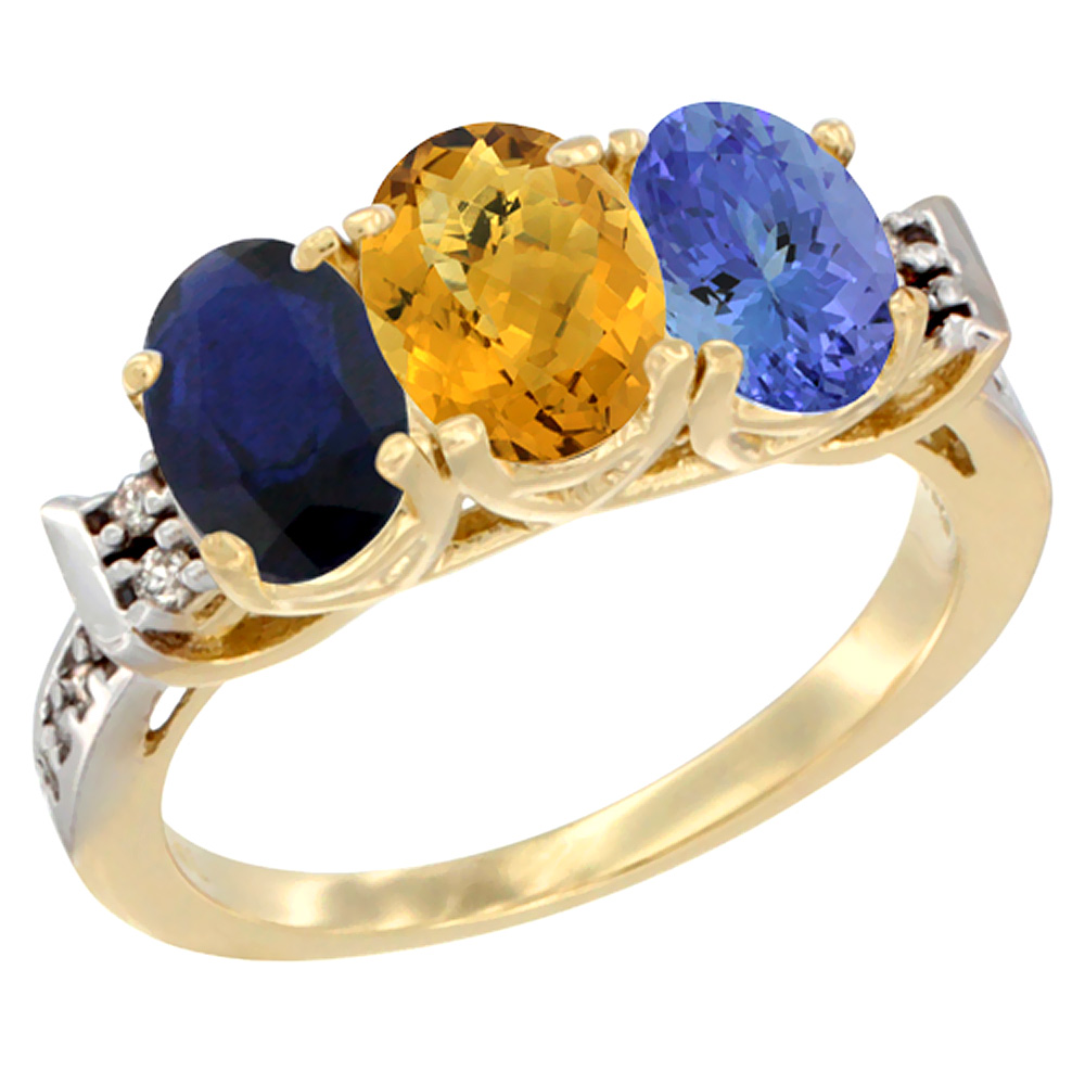 14K Yellow Gold Natural Blue Sapphire, Whisky Quartz &amp; Tanzanite Ring 3-Stone Oval 7x5 mm Diamond Accent, sizes 5 - 10