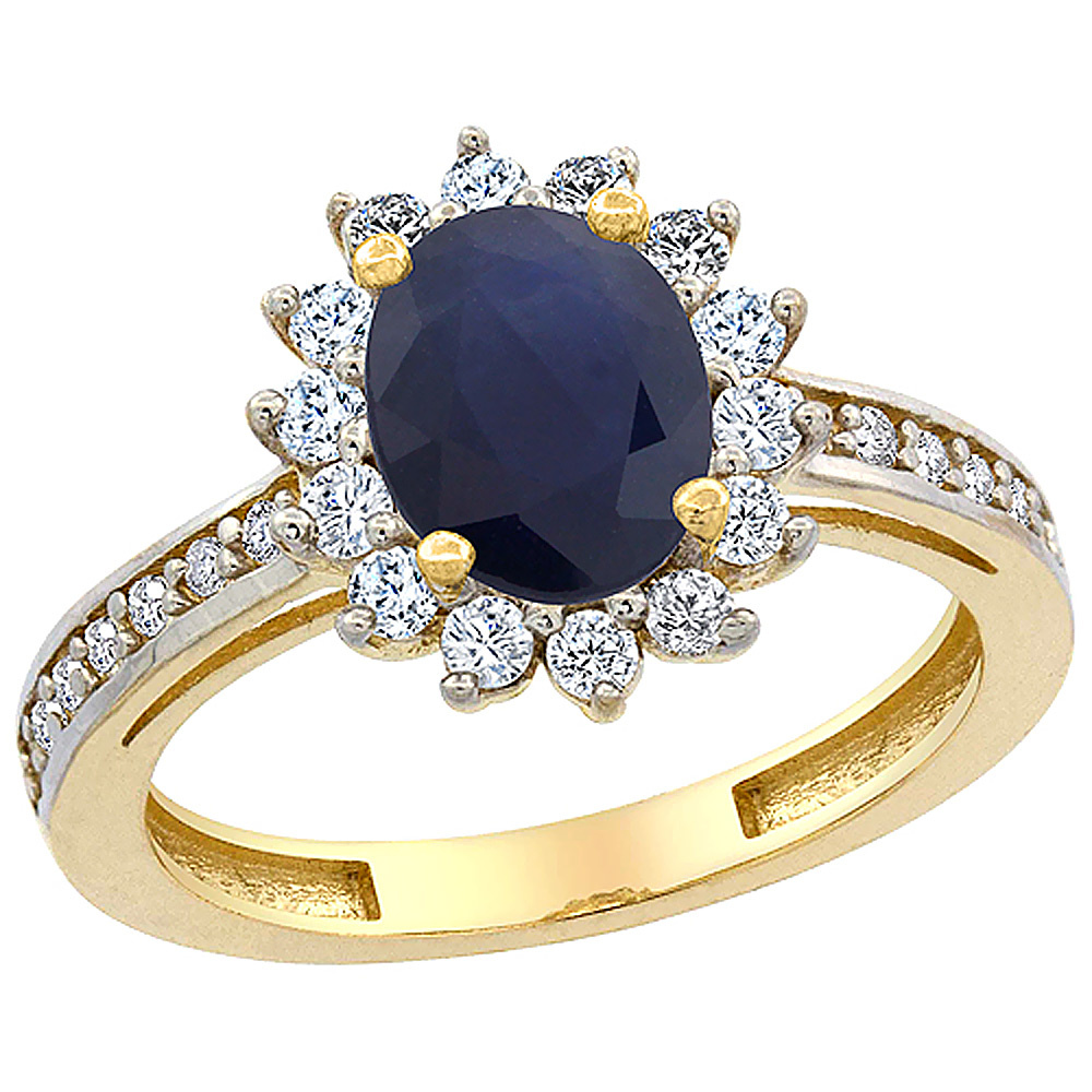 14K Yellow Gold Natural Blue Sapphire Floral Halo Ring Oval 8x6mm Diamond Accents, sizes 5 - 10