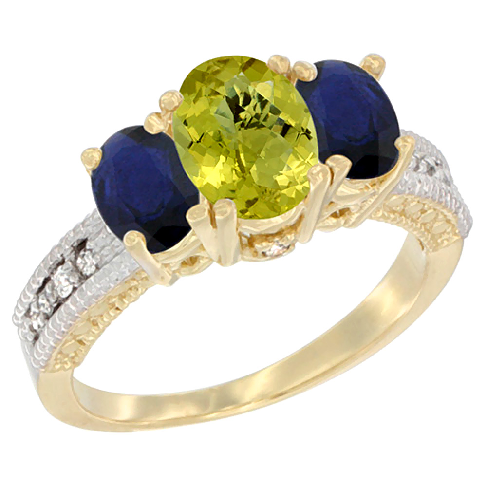 14k Yellow Gold Ladies Oval Natural Lemon Quartz 3-Stone Ring with Blue Sapphire Sides Diamond Accent