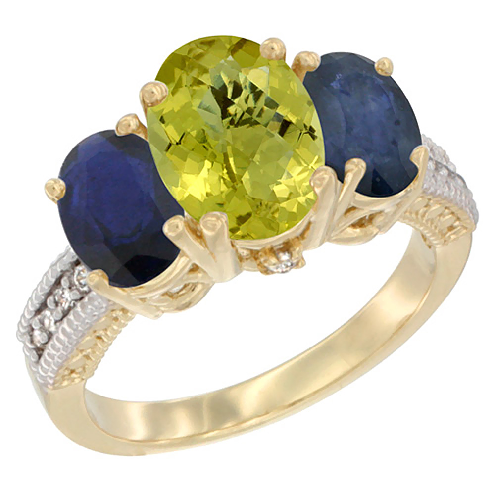 14K Yellow Gold Diamond Natural Lemon Quartz Ring 3-Stone Oval 8x6mm with Blue Sapphire, sizes5-10