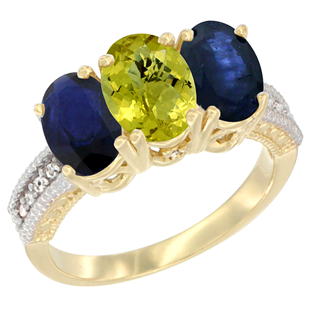 14K Yellow Gold Natural Lemon Quartz &amp; Blue Sapphire Sides Ring 3-Stone 7x5 mm Oval Diamond Accent, sizes 5 - 10