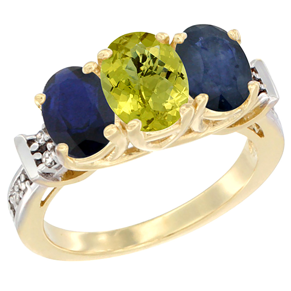 14K Yellow Gold Natural Lemon Quartz & Blue Sapphire Sides Ring 3-Stone Oval Diamond Accent, sizes 5 - 10
