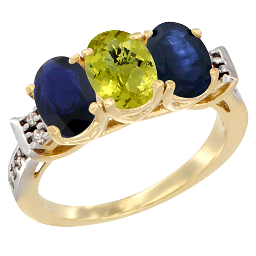 10K Yellow Gold Natural Lemon Quartz &amp; Blue Sapphire Sides Ring 3-Stone Oval 7x5 mm Diamond Accent, sizes 5 - 10
