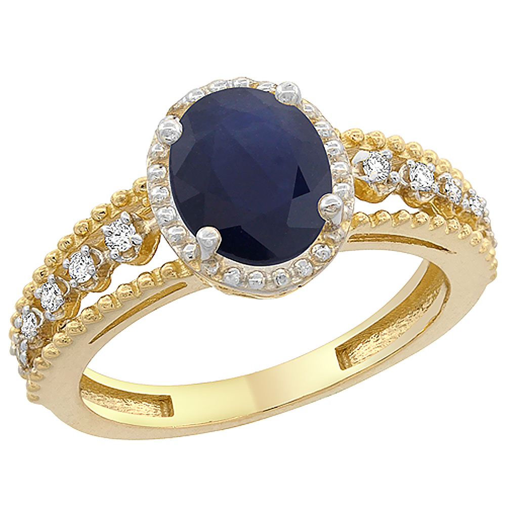 10K Yellow Gold Natural Blue Sapphire Ring Oval 9x7 mm Floating Diamond Accents, sizes 5 - 10