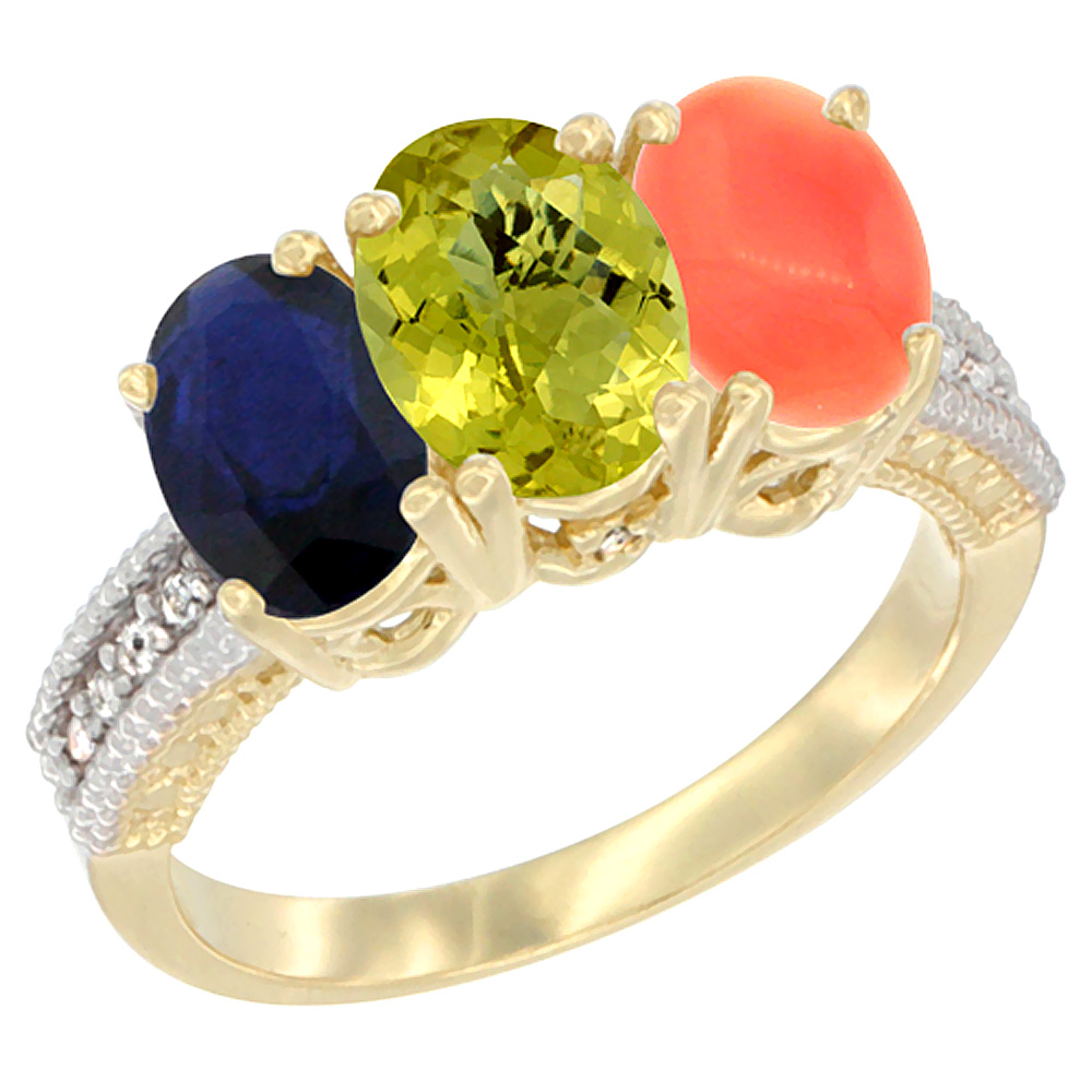 10K Yellow Gold Diamond Natural Blue Sapphire, Lemon Quartz & Coral Ring 3-Stone 7x5 mm Oval, sizes 5 - 10