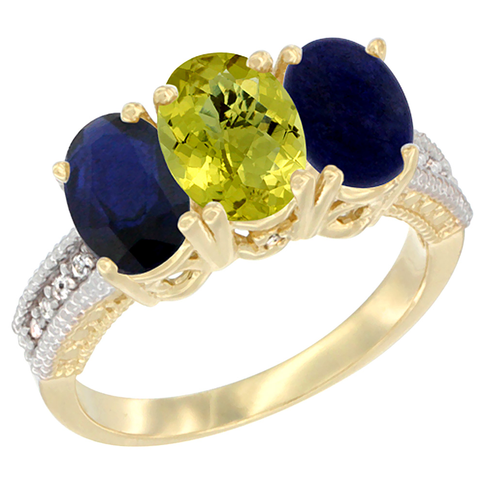 14K Yellow Gold Natural Blue Sapphire, Lemon Quartz &amp; Lapis Ring 3-Stone 7x5 mm Oval Diamond Accent, sizes 5 - 10