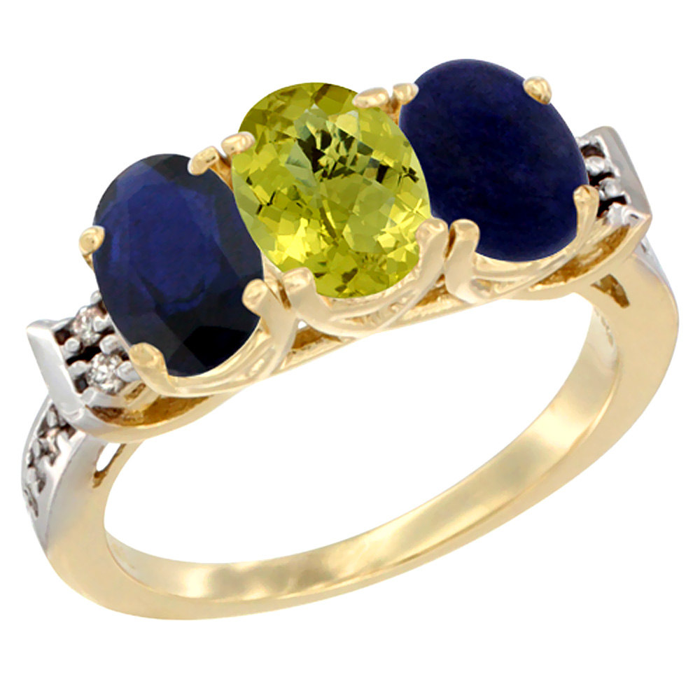14K Yellow Gold Natural Blue Sapphire, Lemon Quartz &amp; Lapis Ring 3-Stone Oval 7x5 mm Diamond Accent, sizes 5 - 10