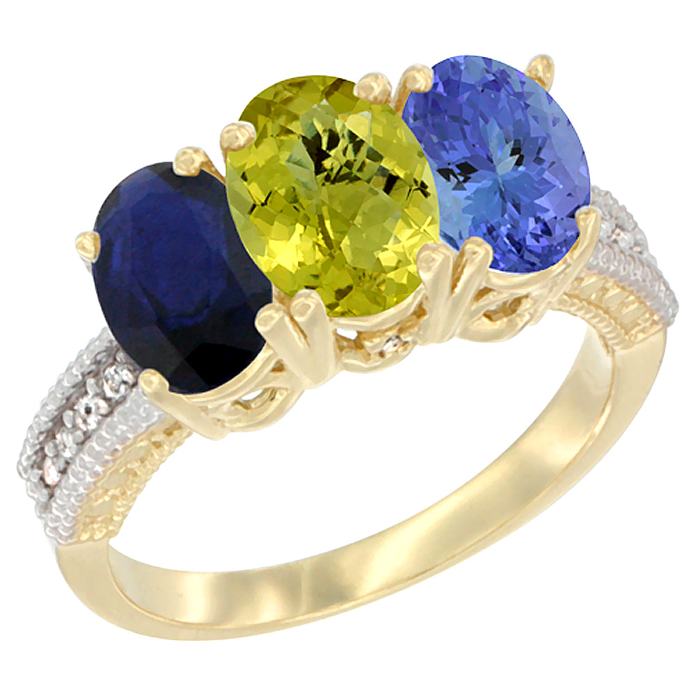 14K Yellow Gold Natural Blue Sapphire, Lemon Quartz &amp; Tanzanite Ring 3-Stone 7x5 mm Oval Diamond Accent, sizes 5 - 10