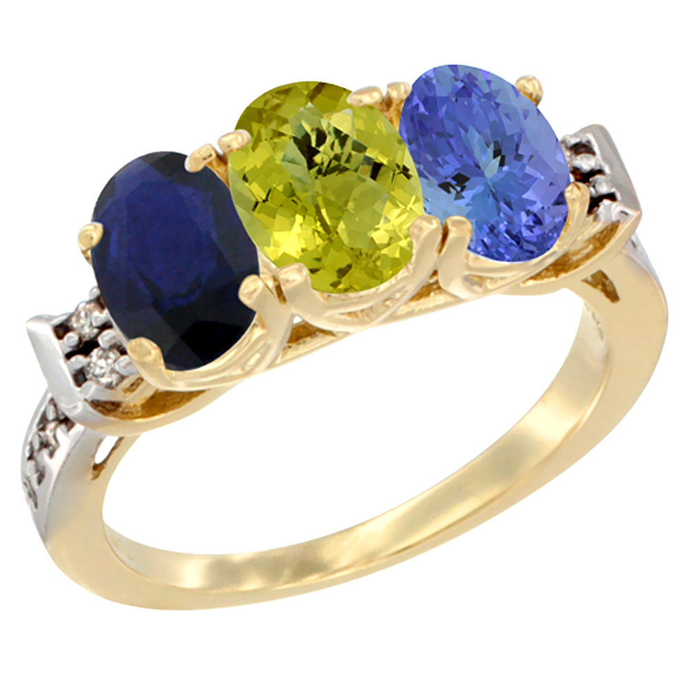 10K Yellow Gold Natural Blue Sapphire, Lemon Quartz & Tanzanite Ring 3-Stone Oval 7x5 mm Diamond Accent, sizes 5 - 10