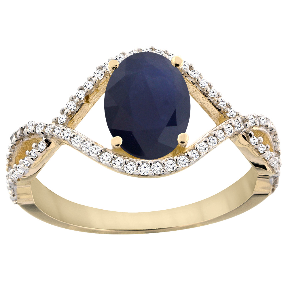 10K Yellow Gold Natural Blue Sapphire Ring Oval 8x6 mm Infinity Diamond Accents, sizes 5 - 10
