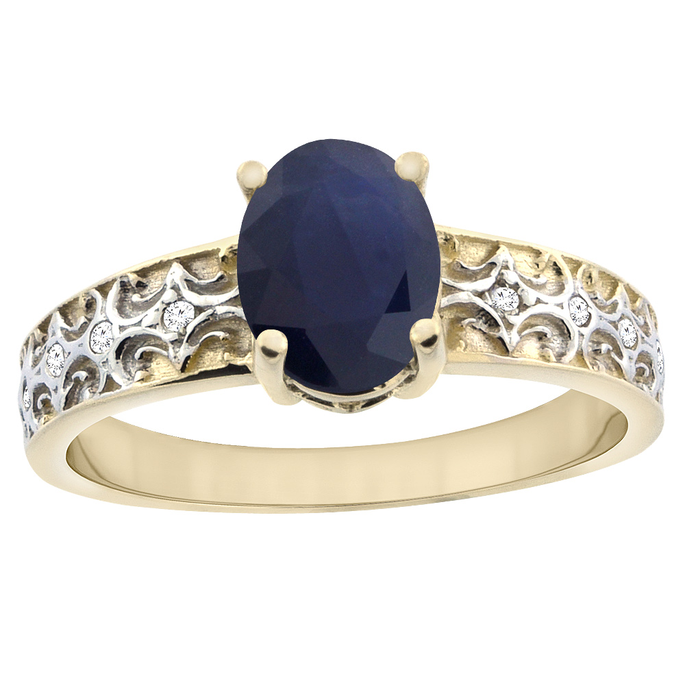 10K Yellow Gold Diamond Natural Quality Blue Sapphire Engagement Ring Oval 8x6 mm, size 5 - 10